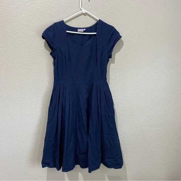 ESHAKTI Navy Blue Cotton Fit-And-Flare Dress Sweetheart Neckline Size 12 - Picture 8 of 9